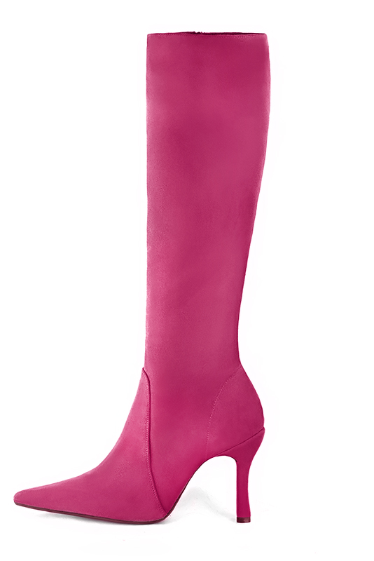 Fuschia pink women's feminine knee-high boots. Pointed toe. Very high spool heels. Made to measure. Profile view - Florence KOOIJMAN